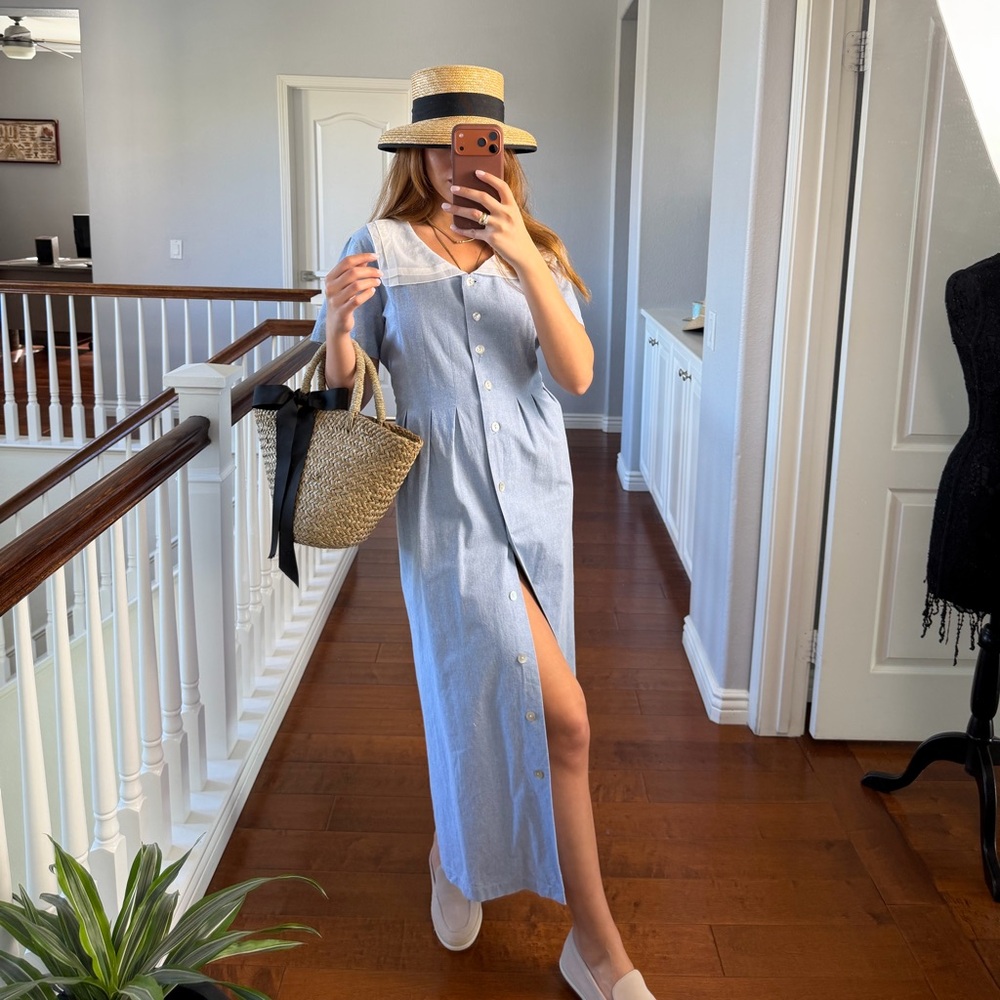 Susan Bristol Light Blue and White Maxi Shirt Dress